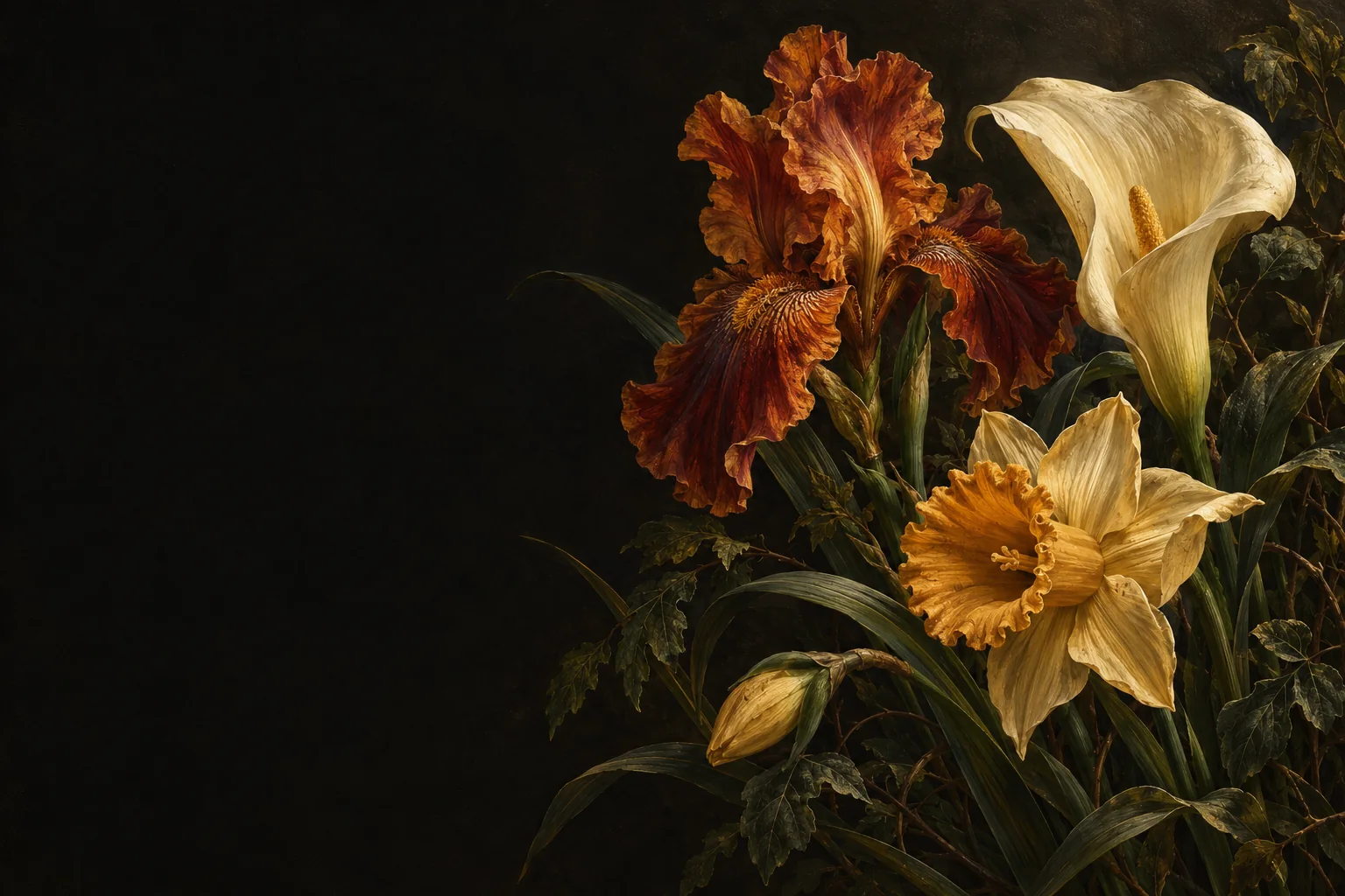 Painting of calla lilies, daffodils and iris